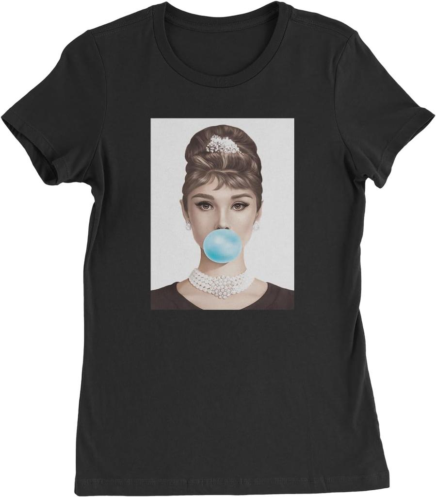 Expression Tees Audrey Hepburn Chewing Bubble Gum American Icon Womens T-Shirt, Soft Cotton