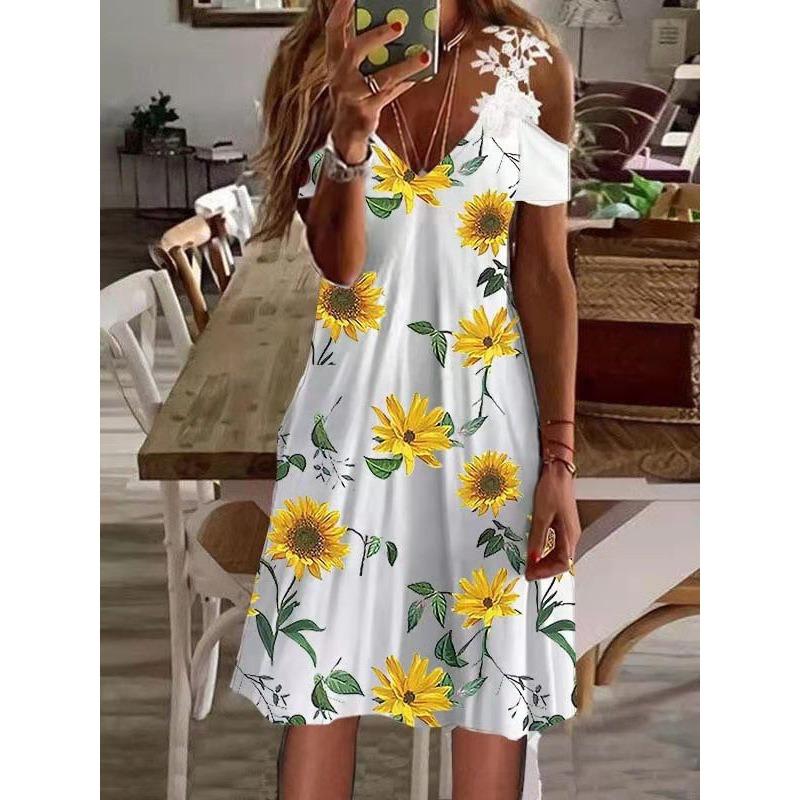 Vestido de Verano con Hombros Descubiertos de Encaje y Manga Corta Nuevo Estampado Holgado Casual Vestidos de Fiesta Moda Femenina Elegante Línea A Talla Grande Ropa Dulce