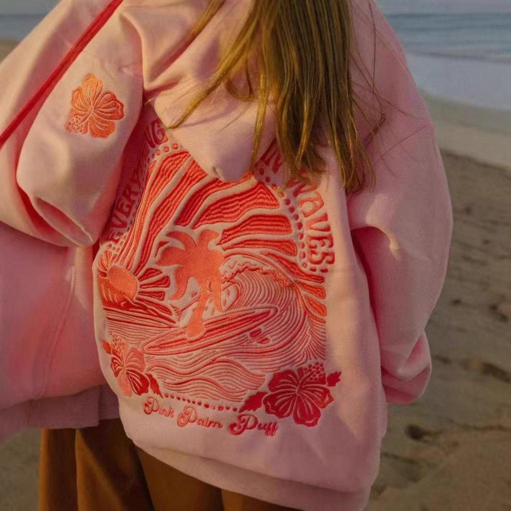 Europäische Größe Kokosnusswellen-Stickerei Hoodie mit überschnittenen Ärmeln