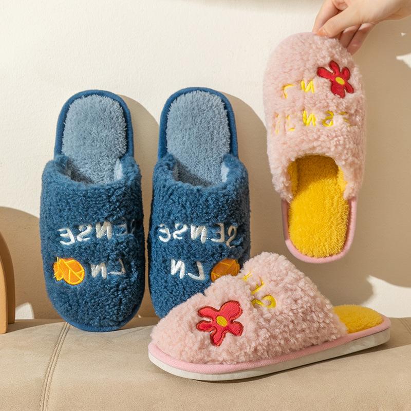 

fashion Women Warm Slippers Cute Flower Ebroidery Couple Winter Shoes Soft Plush Anti-slip Boys Girls Indoor Home Slides Female Footwear