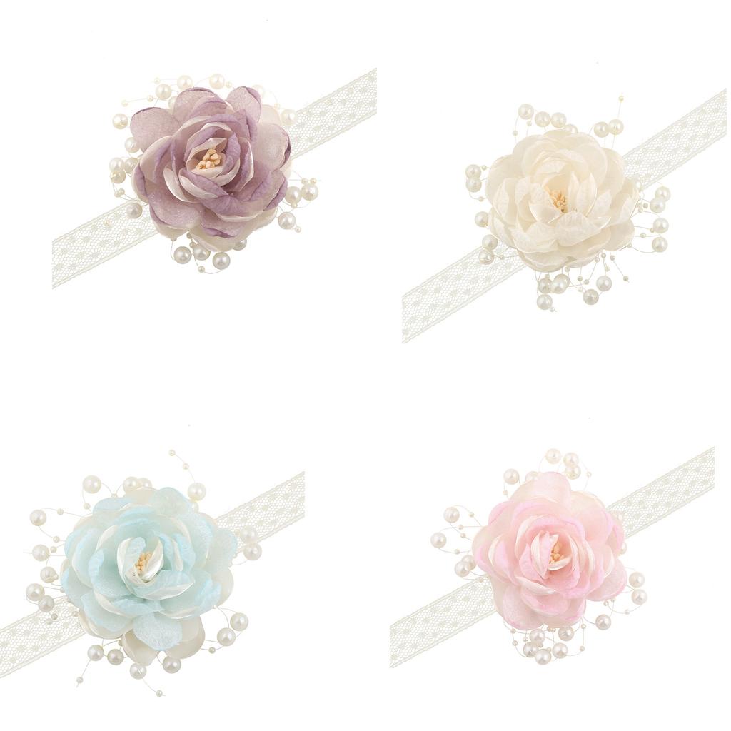 Organza Pearls Wrist Flower Decoration Wrist Corsage Lace Ribbon Wristband Jewelry For Bridal Shower Wedding Ceremony