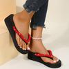 Fashion Casual Yarn Ball Decoration Flip Flops Women 2025 Summer Round Toe Black Wedge Heels Slippers Comfortable Non Slip Beach Sandals