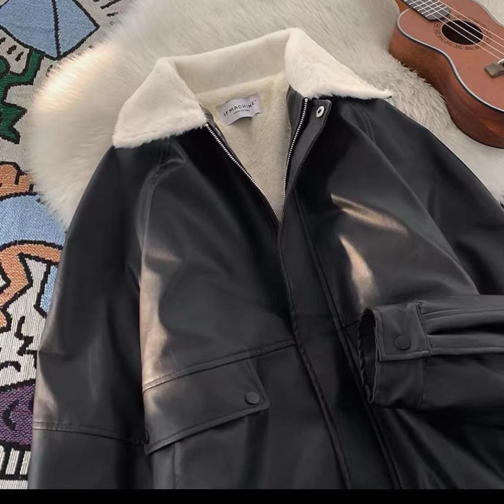Lapel Leather Jacket, Women's Winter Velvet Thickened Cotton Jacket, Bomber Jacket, Cotton Jacket