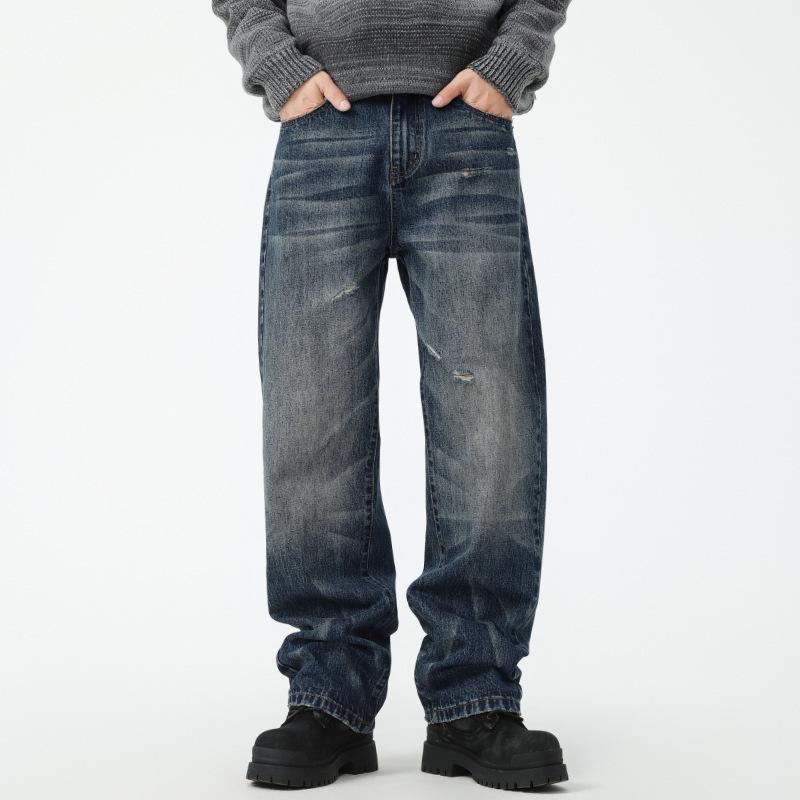 

American High Street Flower Wash Ripped Jeans Men s Loose Straight Vintage Trousers XXXL синий