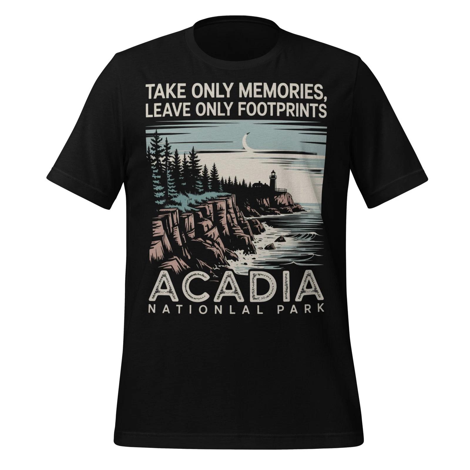 Acadia National Park Shirt Leave Footprints Ocean Cliff Lighthouse Unisex Tee L