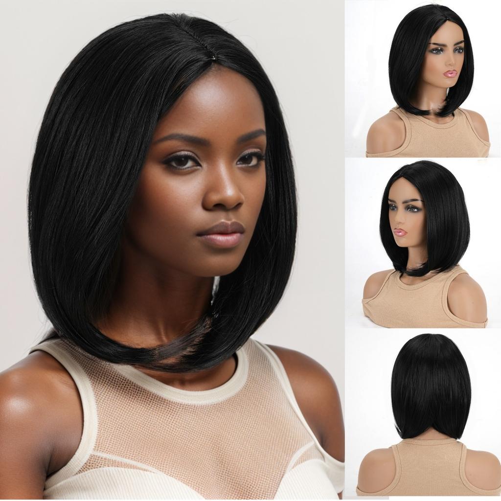 Women Synthetic Short Straight Wig BOBO Natural Black Hair Daily Cosplay Party Use Heat Resistant Fibre Wig