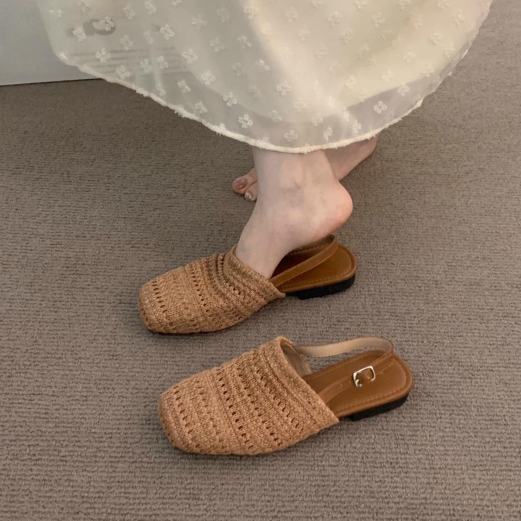 French gentle woven bag head sandals girl 2025 spring and summer vacation fairy evening empty single shoes