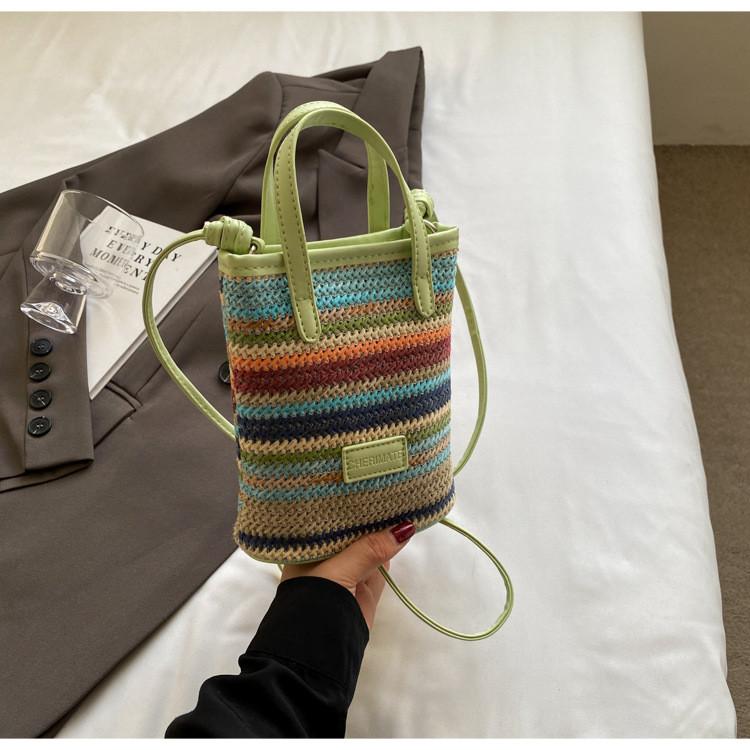 IELGY Straw Messenger Bag Striped Portable Mobile Phone Bag
