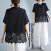 JoccKorr Short Round Loose Plus Perfect for Summer Women's T-Shirt, Blouse, Sleeve, Collar, Openwork, Lace, Floral, Embroidered, Solid, Patchwork,