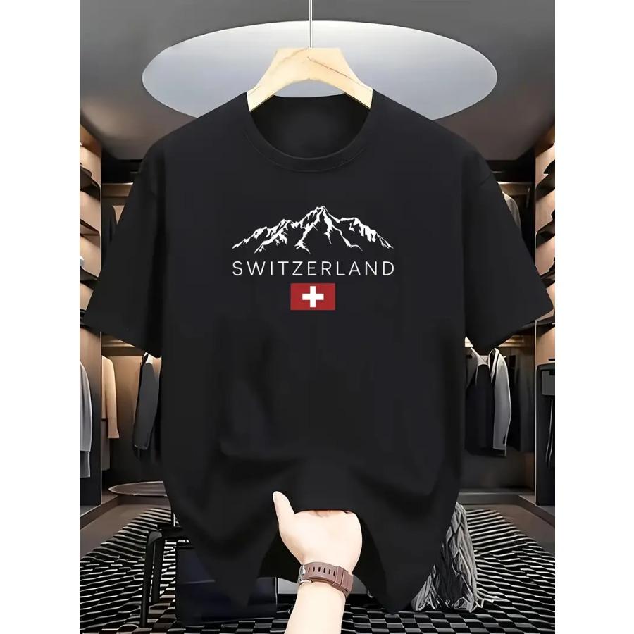 Men's Cotton Casual T-shirt, Round Neck Short Sleeved, Printed with Swiss Mountain Pattern, Regular Style, Slightly Elastic, Suitable for All Seasons