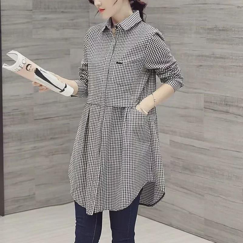 Women's Large Plaid Shirt: Versatile Korean Fashion, Mid-Length, Long-Sleeve for Spring/Summer 2025