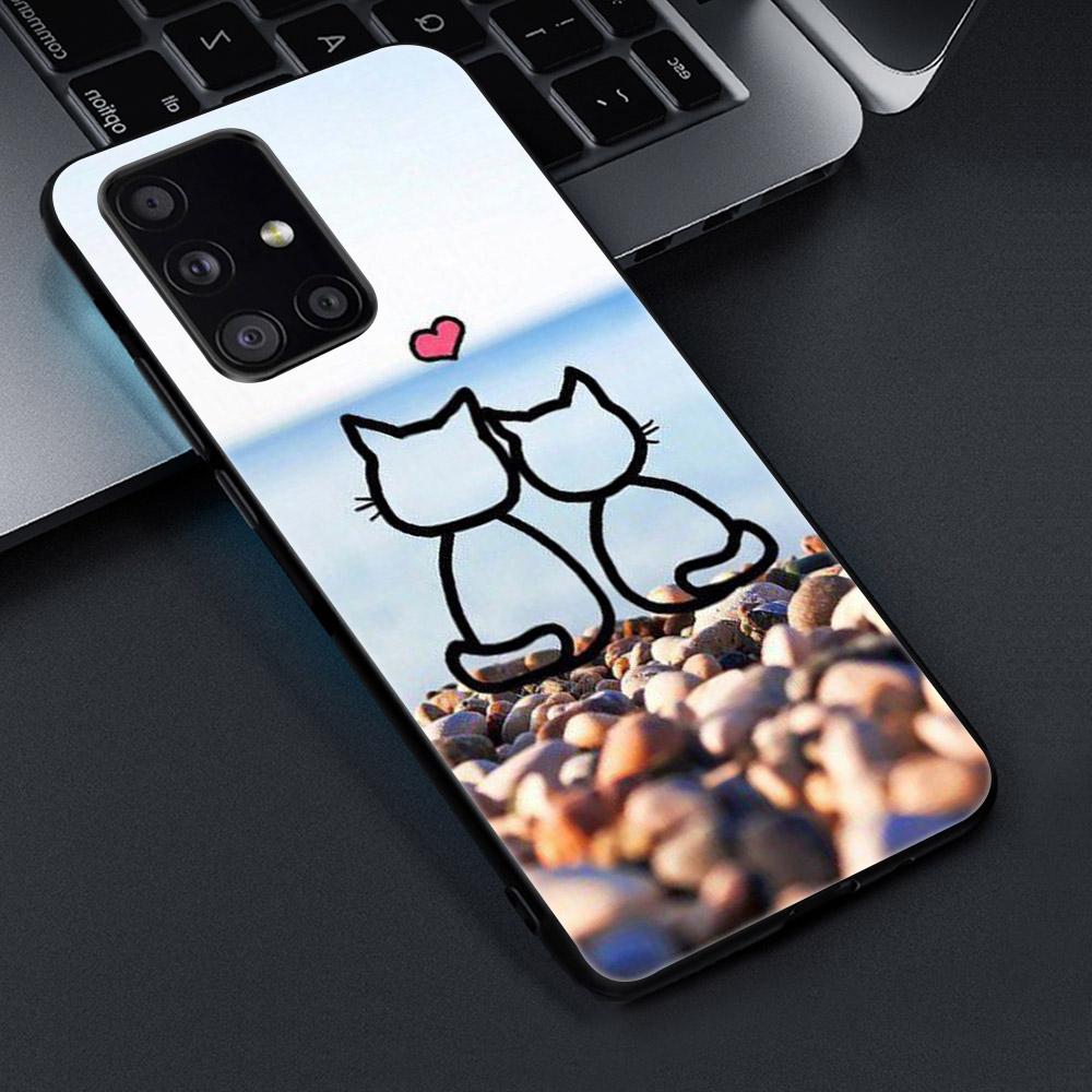Cute Cat For Samsung Galaxy S21 A51 S20 A50 A71 A70 A20 A40 S10 S9 S8 Plus Ultra S10e NOTE 10 9 8 Plus Black Soft TPU Phone Case