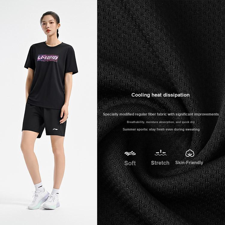 Li Ning Badminton Series Creatief Logo Klassiek Ademend Vitaliteit Mode Casual Dagelijks Sport T-shirt met Korte Mouwen Unisex Tops Zwart ATSV627-1