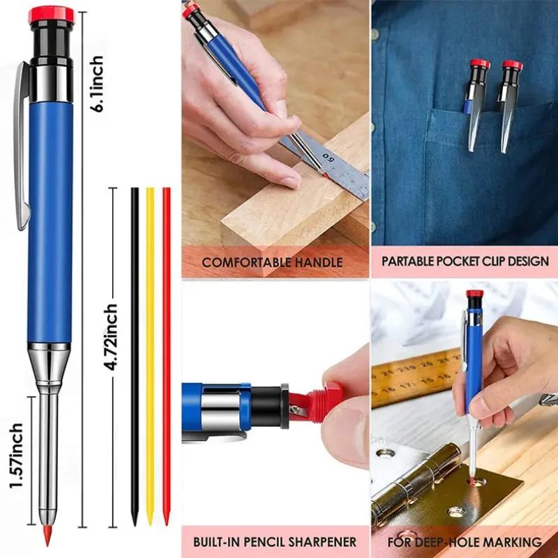 Metal Solid Carpenter Pencil Set for Deep Hole Marker with Refill Leads Marking Tool Woodworking Deep Hole Mechanical Pencils