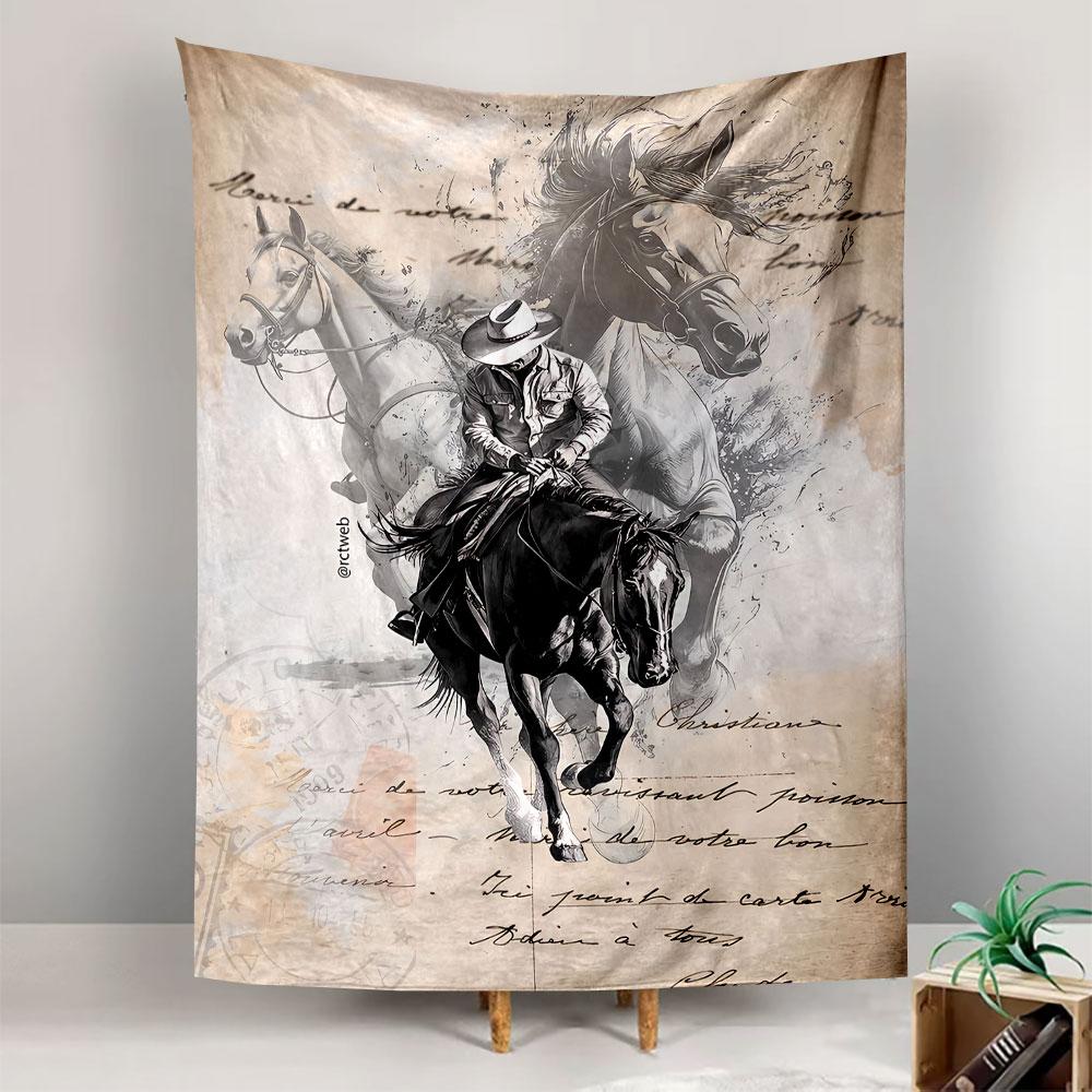 Cowboy Riding Horse Tapestry Wall Hanging, Retro Western Vintage Poster Art, Wild West Wall Decor for Bedroom Living Room Dorm