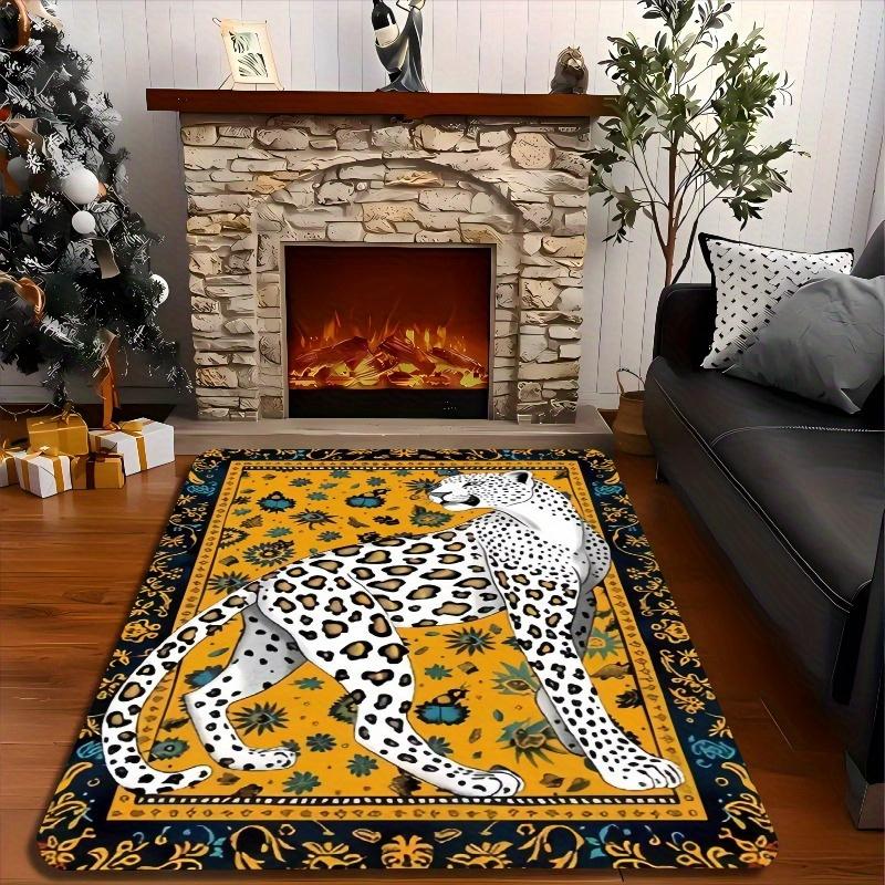 Chic White Leopard & Yellow Base Area Mat - Non-Slip, Stain &, Perfect for Living Room, Bedroom, Office Decor