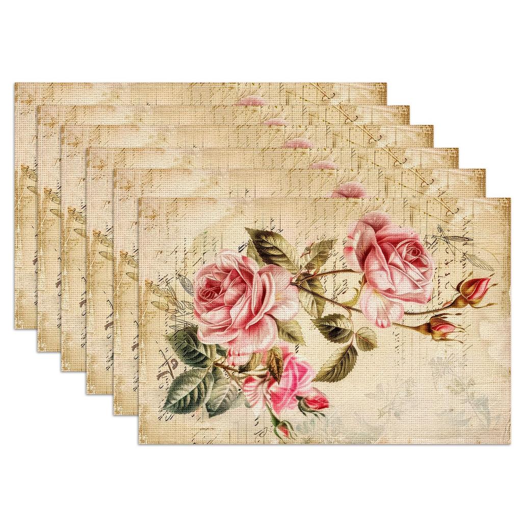 Spring Blue Leaves Placemats Set of 6,12x18 Inch Eucalyptus Leaves Linen Place Mat Washable Stain Resistant Table Mats