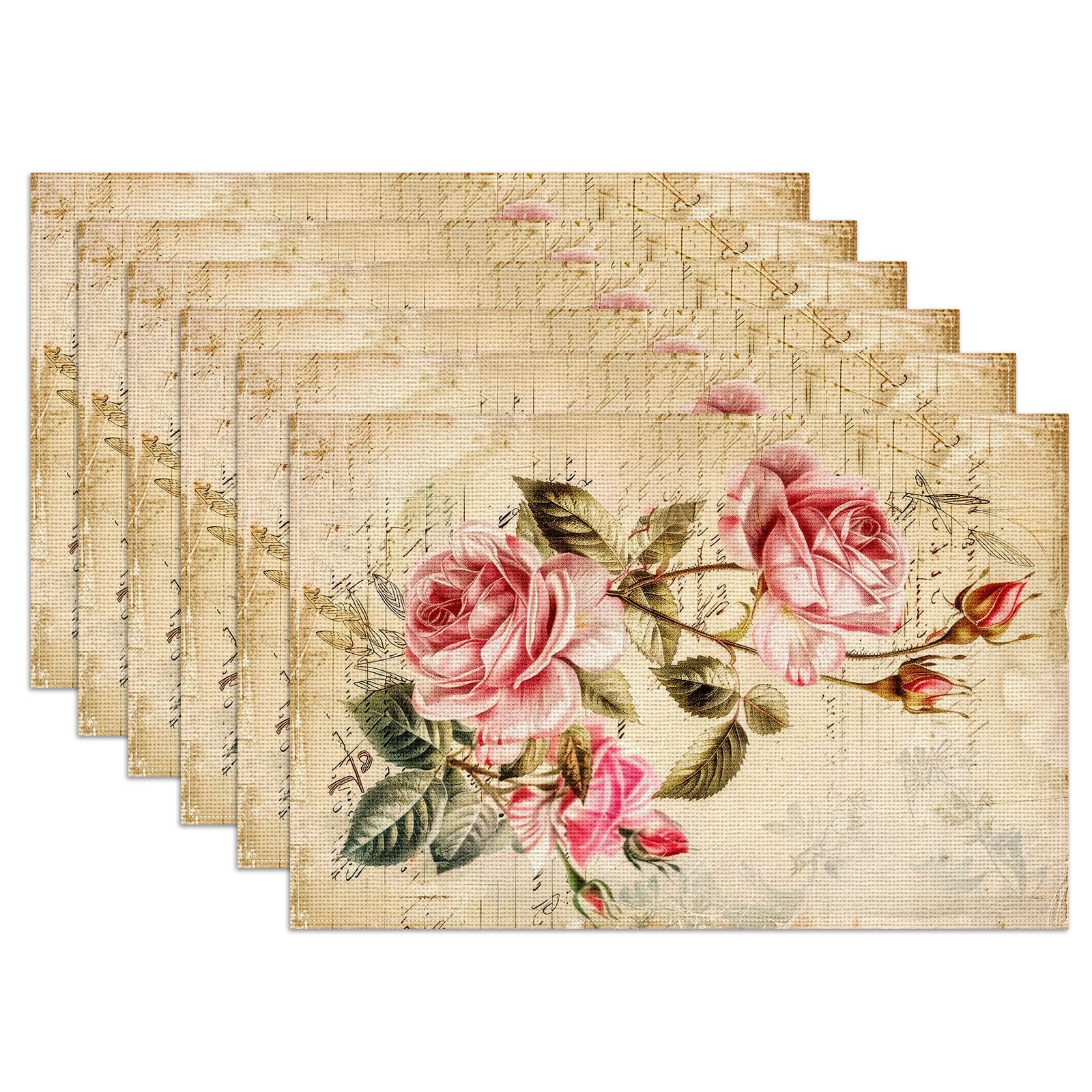 

Vintage Rose Placemats Set of 6,12x18 Inch Spring Floral Linen Place Mat Washable Stain Resistant Table Mats 6pcs-12x18