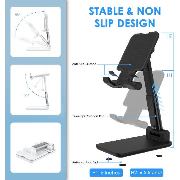 2 Pack Cell Phone Stand for Desk, Adjustable Angle & Height, Foldable Portable Phone Holder with Anti-Slip Silicone Pad, Compatible with iPhone