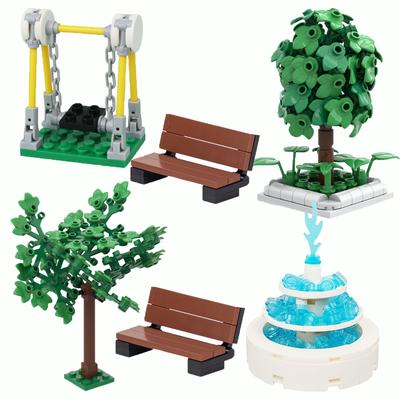 MOC Architecture Fountain Square Building Blocks - City Park Water Feature Model, DIY Educational Construction Toy F
