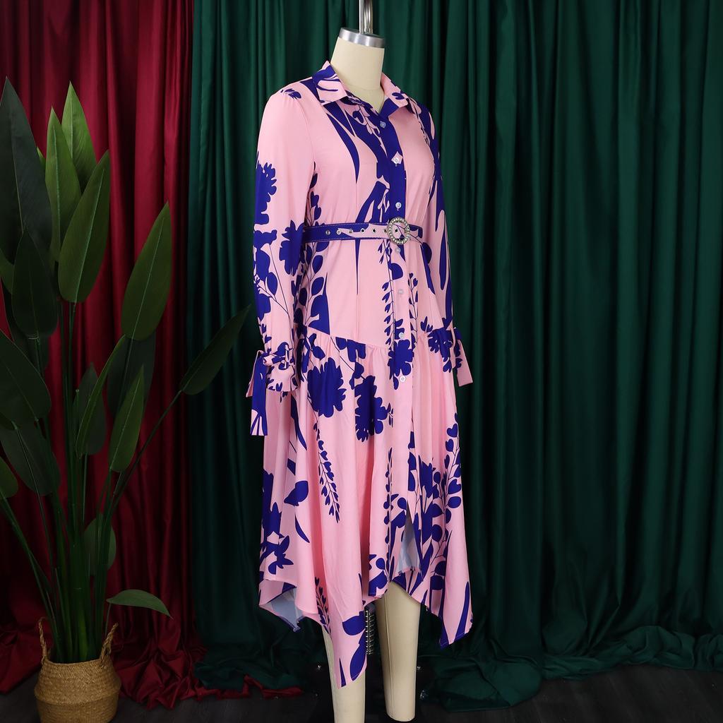 Übergröße Damenkleid - Blumendruck, Asymmetrischer Kragen, Stilvoll & Exportqualität