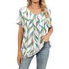 Women Boho Floral Leaf Geometric Print V Neck Tunic Top, Short Sleeve Front Pleated Flowy Hem Loose Fit Casual Daily Blouse