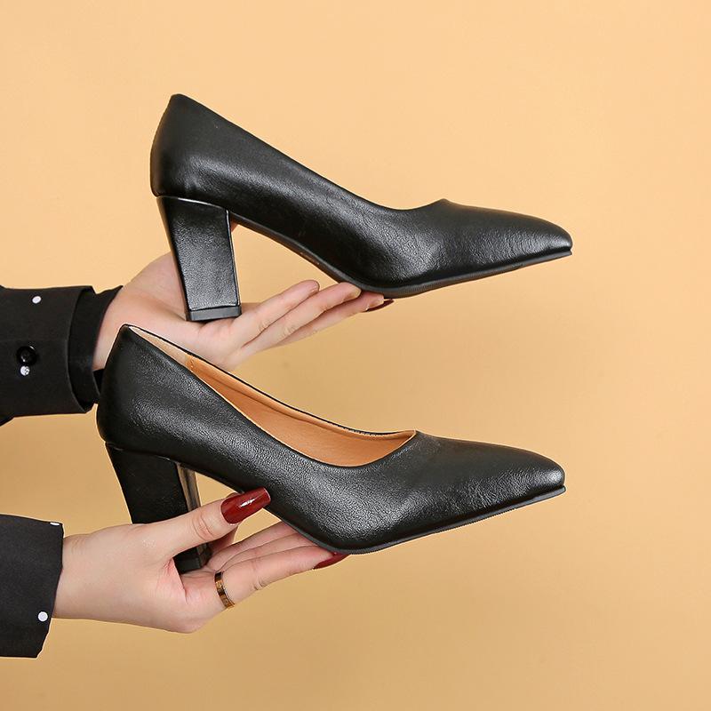 Špičaté vysoké podpatky dámské silné podpatky jaro a podzim 2025 nové černé profesionální jednopřezkové velká velikost světlá ústa nude lodičky
