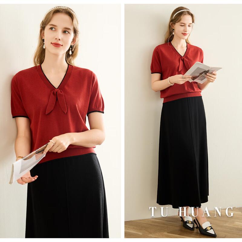 TUHUANG Women's Bowknot Color-Block V-Neck Knit Top