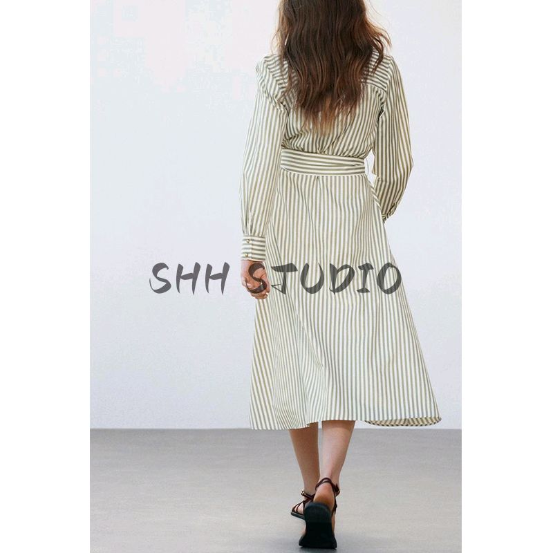 Spring and Summer New Women's Clothing Lapel Long Sleeves Shirt Style with Belt Stripes Midi Skirt Dress 2777831