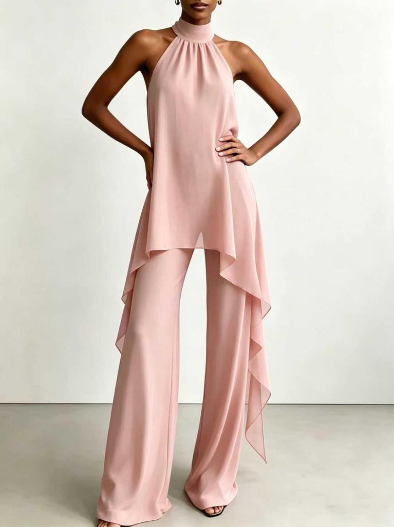 Cross-border special supply of European and American style neck off-the-shoulder chiffon top wide-leg pants set, temperament thin and drape two-piece 