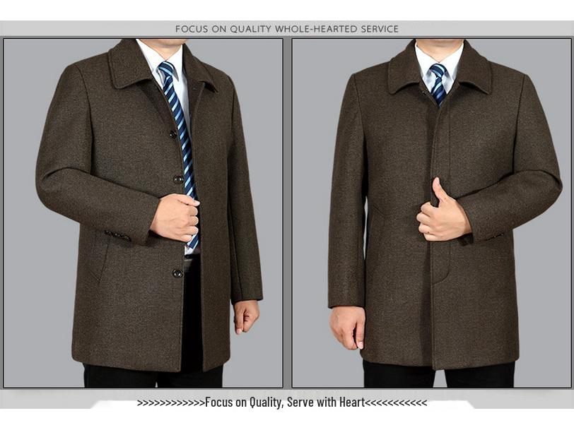 Men's Classic Wool Coat - Mid-Length, Thickened Cashmere for Autumn/Winter, Ideal for Middle-Aged & Elderly.