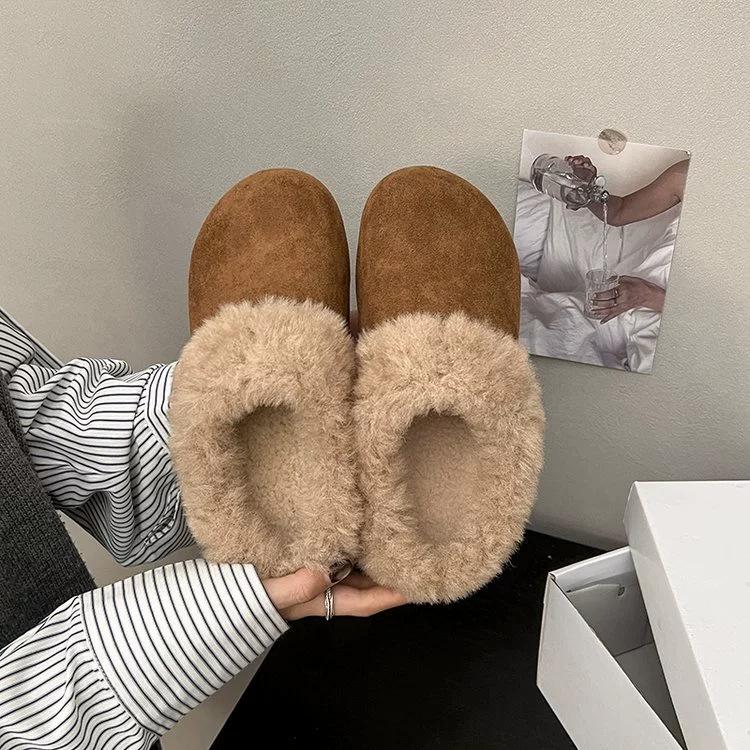 Autumn and winter cotton shoes matte new retro thick-soled lazy people wear fluffy tows with one pedal and two.