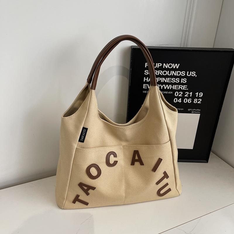 Winter Vintage Shoulder Bag Women Korean Style Canvas Tote Handle Bag Multi Pocket Letter Print Texture Versatile Storage Bags