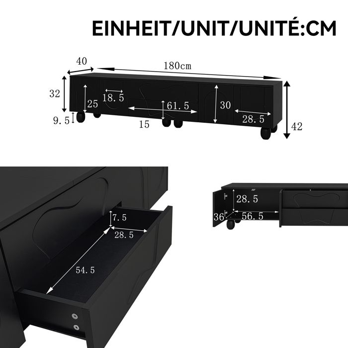 Mobile TV - MODERNLUXE - 180x40x42 cm - 2 cassetti, 4 ante - Gambe in legno massello - Nero