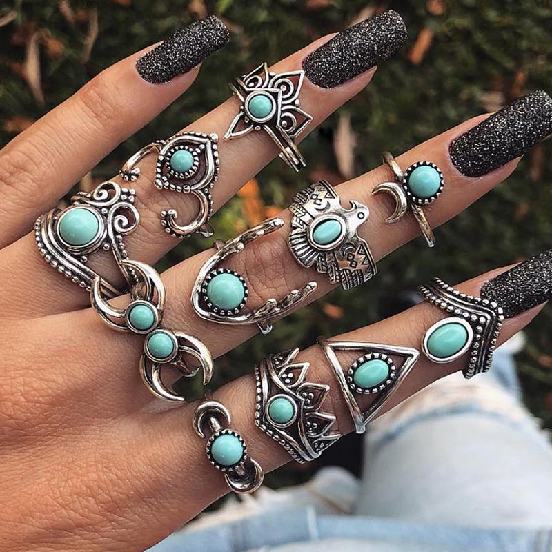 11pcs Vintage Turquoise Flower Ring Set for Women Bohemian Geometric Knuckle Finger Rings Vacation Party Daily Wear Jewelry Gift