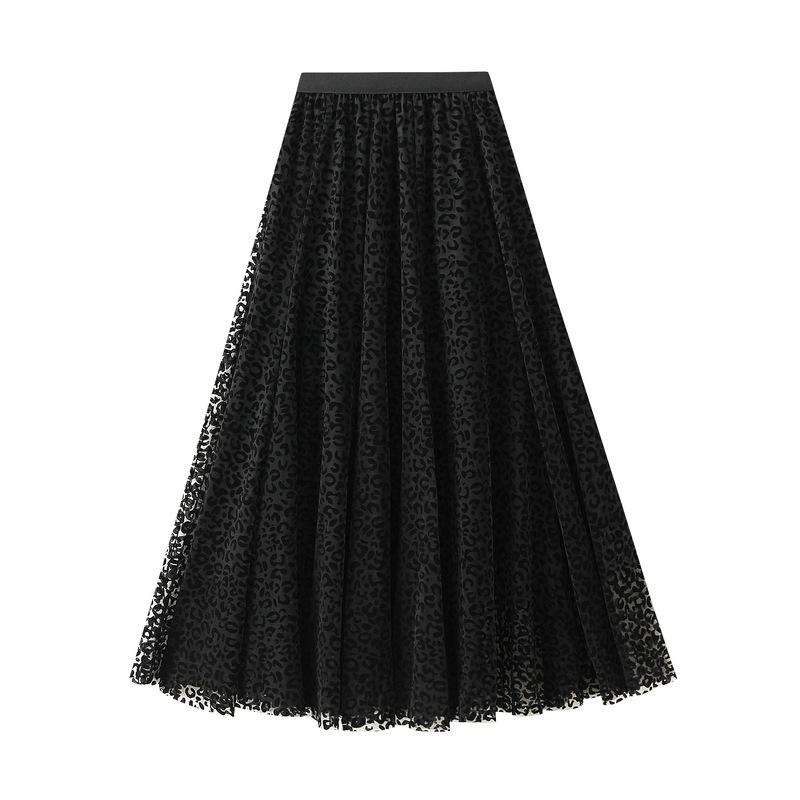 

Qooth Многоярусная юбка макси с леопардовым принтом, винтажная юбка А-силуэта, шифоновая юбка с высокой талией, женская юбка QT2599 One Size чёрный
