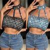 Rhinestones Diamond Body Chain Bra for Women Crystal Backless Chest Chain Halterneck Mesh Crop Top Harness Body Jewelry