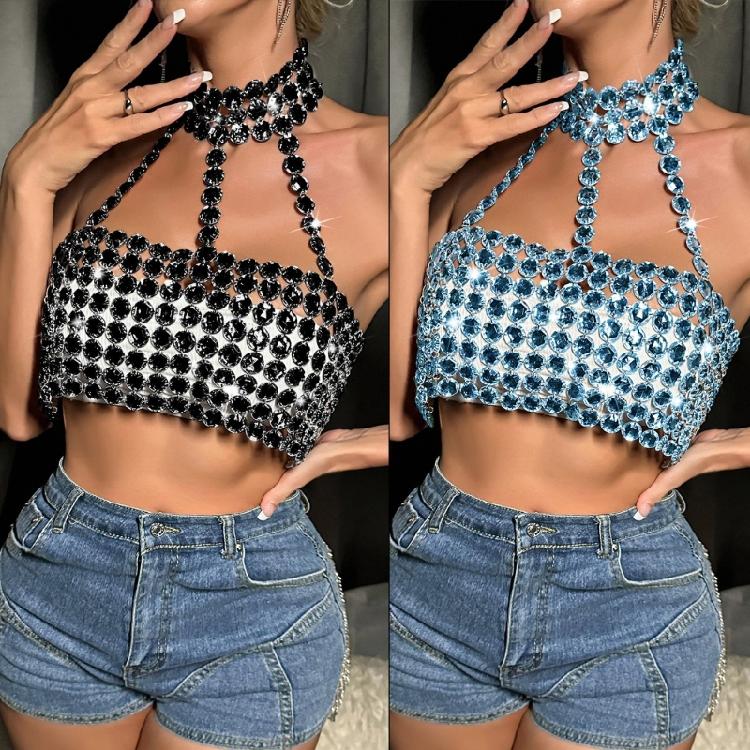Rhinestones Diamond Body Chain Bra for Women Crystal Backless Chest Chain Halterneck Mesh Crop Top Harness Body Jewelry