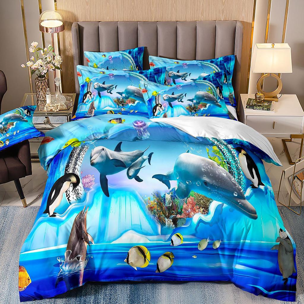 3D-gedruckte Heimtextilien Bettwäsche Delfin Meeresschildkröte Meerestier Quilt-Set Dreiteiliges Set