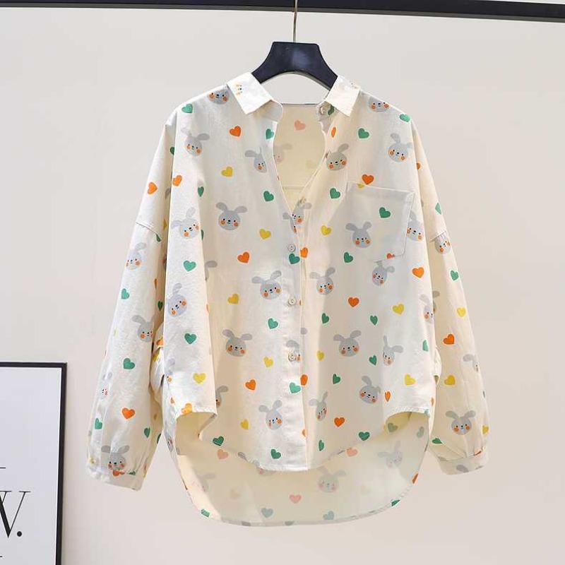 

Хлопковая рубашка женская весна-осень с принтом свободная повседневная рубашка плиссированный дизайн универсальный топ 3XL