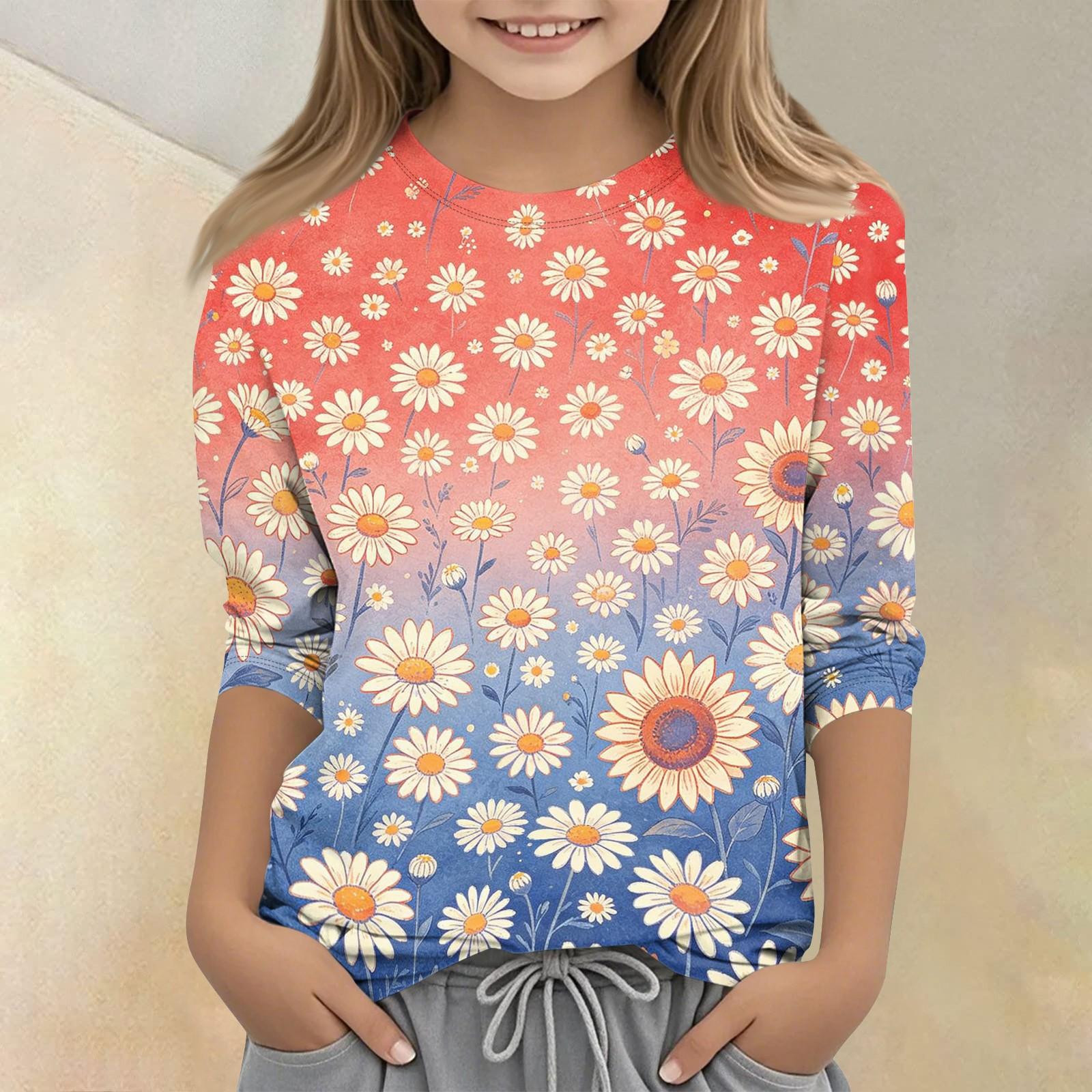 Girls Floral Print Casual T Shirt Crew Neck Three Quarter Sleeve Lightweight Soft Fabric Comfortable Fit 120