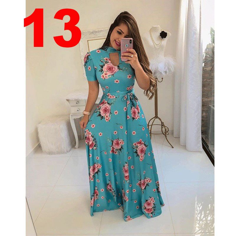 

2025 Amazon Sexy Fashion Digital Print European and American Style Flared Dress 13 Short Sleeves Light Green L