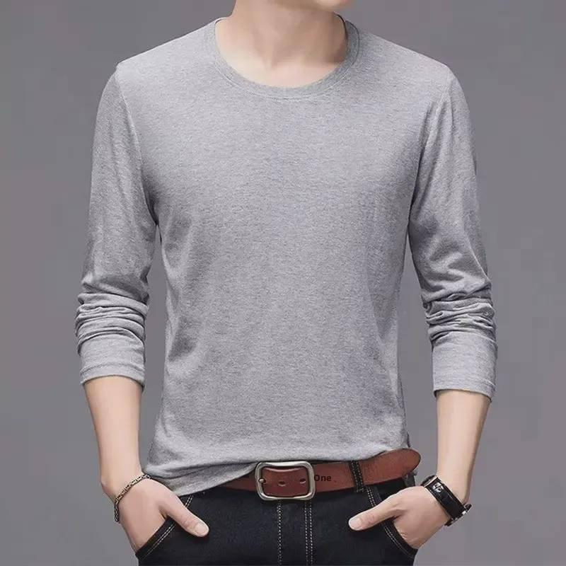Men's White Long-Sleeve Solid Color T-Shirt, Spring/Autumn, Large Size