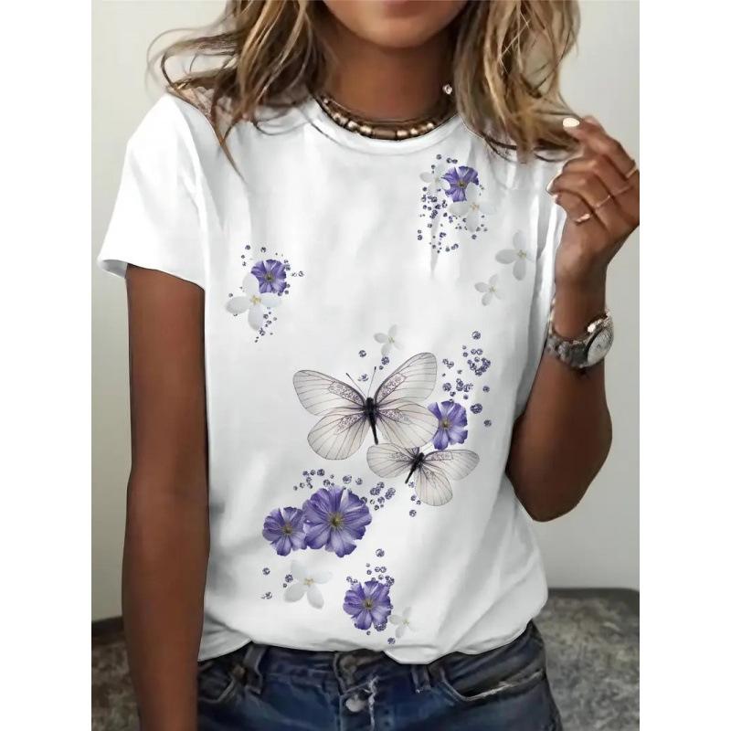 Summer Round Neck 3D Flower Pattern Print Top Fashionable Casual Short Sleeved Women's T-shirts