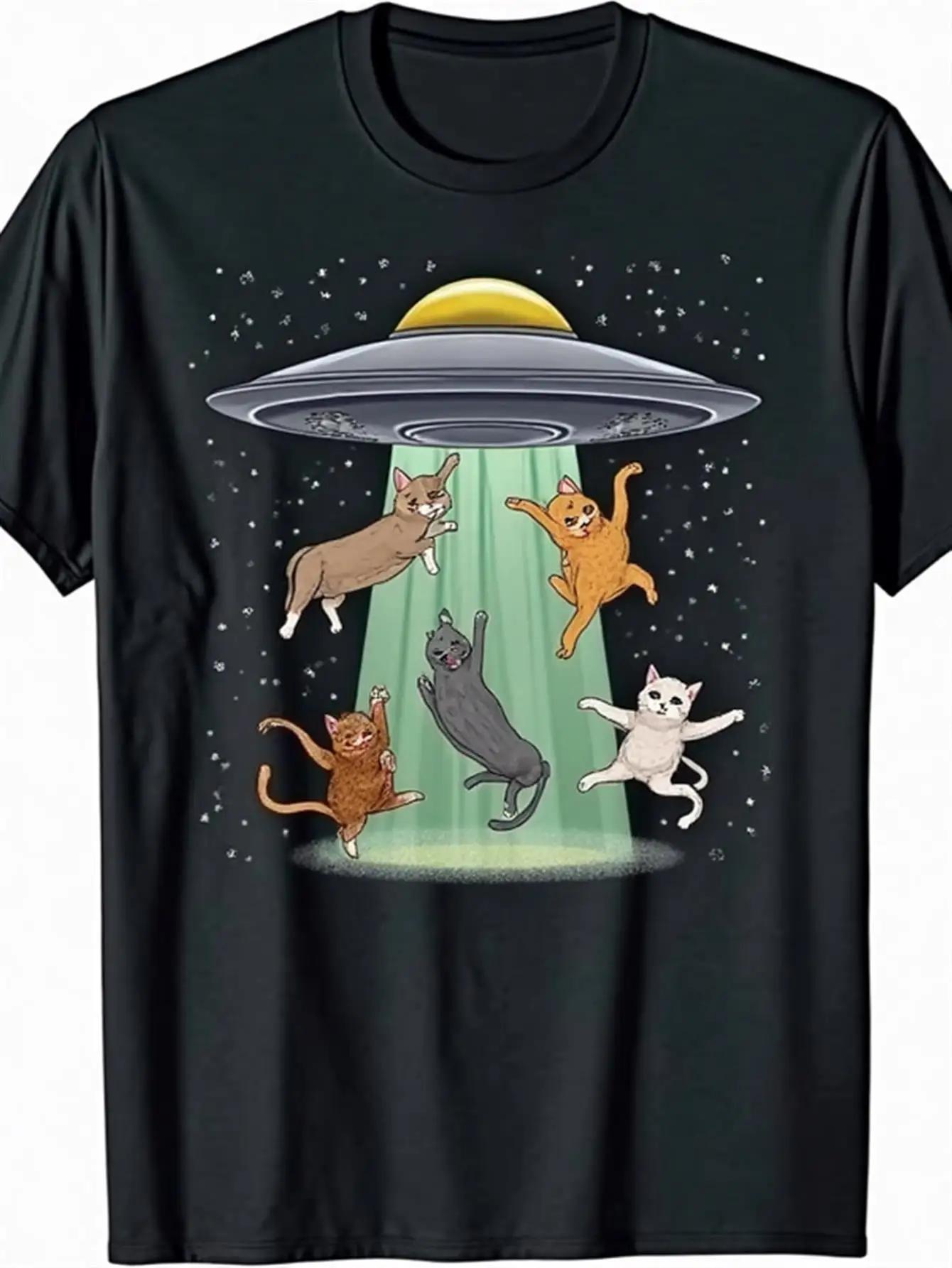 

Alien UFO Abducting Cats Graphic Tee Funny Cat Lover Short Sleeve Cotton TShirt for Unisex S