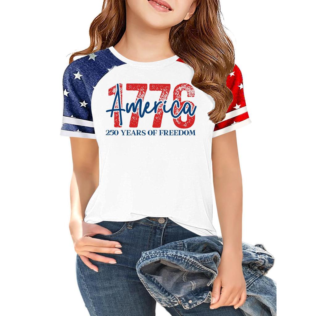 Children's  Independence Day Printed Round Neck Short Sleeved Casual T-shirt