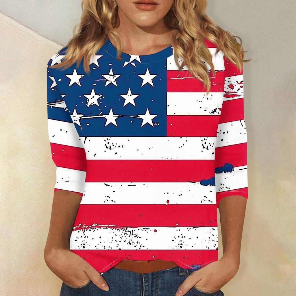 Women's Fashion Casual Three-quarter Sleeve Independence Day Printed Round Neck Top