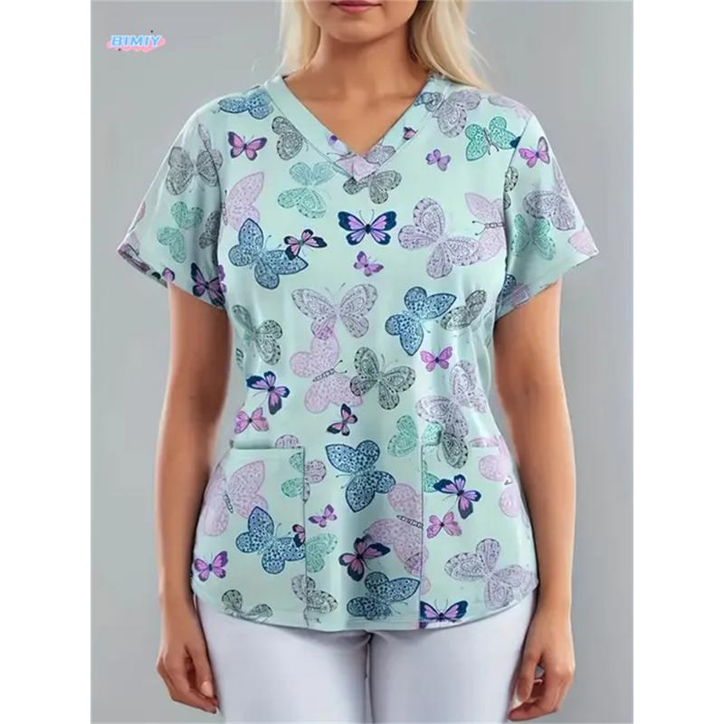 

Женский матовый топ с высококачественным принтом в сочетании с матовым мультяшным топом-униформой с V-образным вырезом, тонкий топ медсестры для женщин с короткими рукавами, здоровый тон S