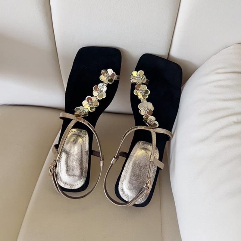 Sheepskin version~ Square head sequined flower toe sandals women's exquisite skirt with wedge sandals