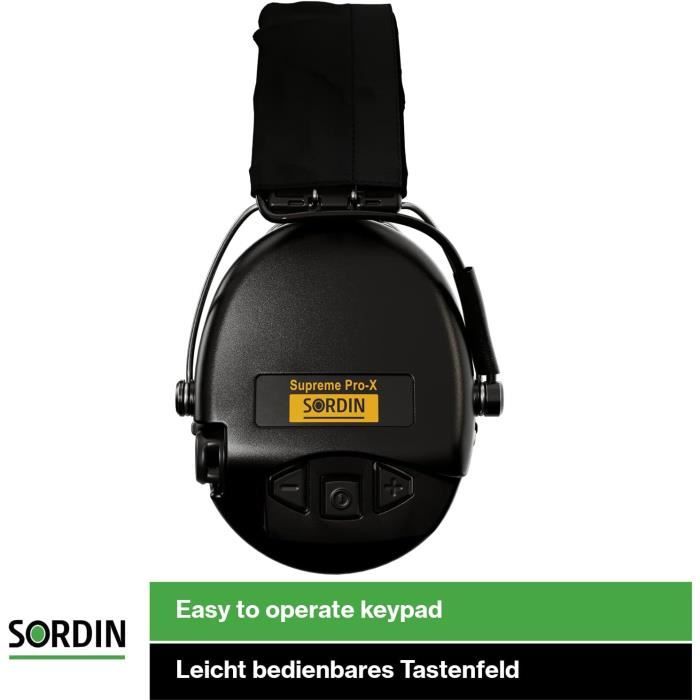 Casque antibruit Sordin Pro-X - 75302-X-02-G-S - EN 352 - Coussin en gel,Ruban de tissu capsules noires